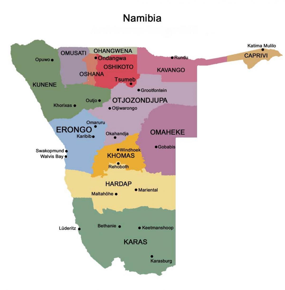 Mapa de Namibia con rexións