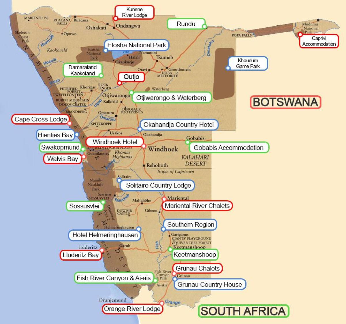 Mapa de Namibia pousadas
